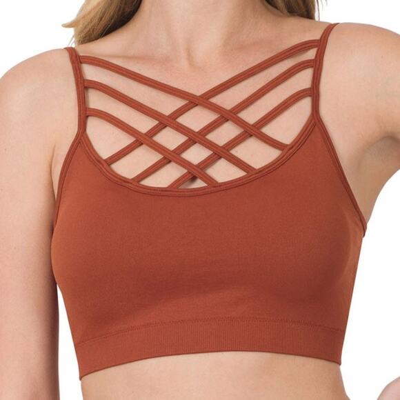 1X/2X Dark Rust Triple Criss Cross Bralette + bra pads Zenana wireless seamless - Picture 12 of 12